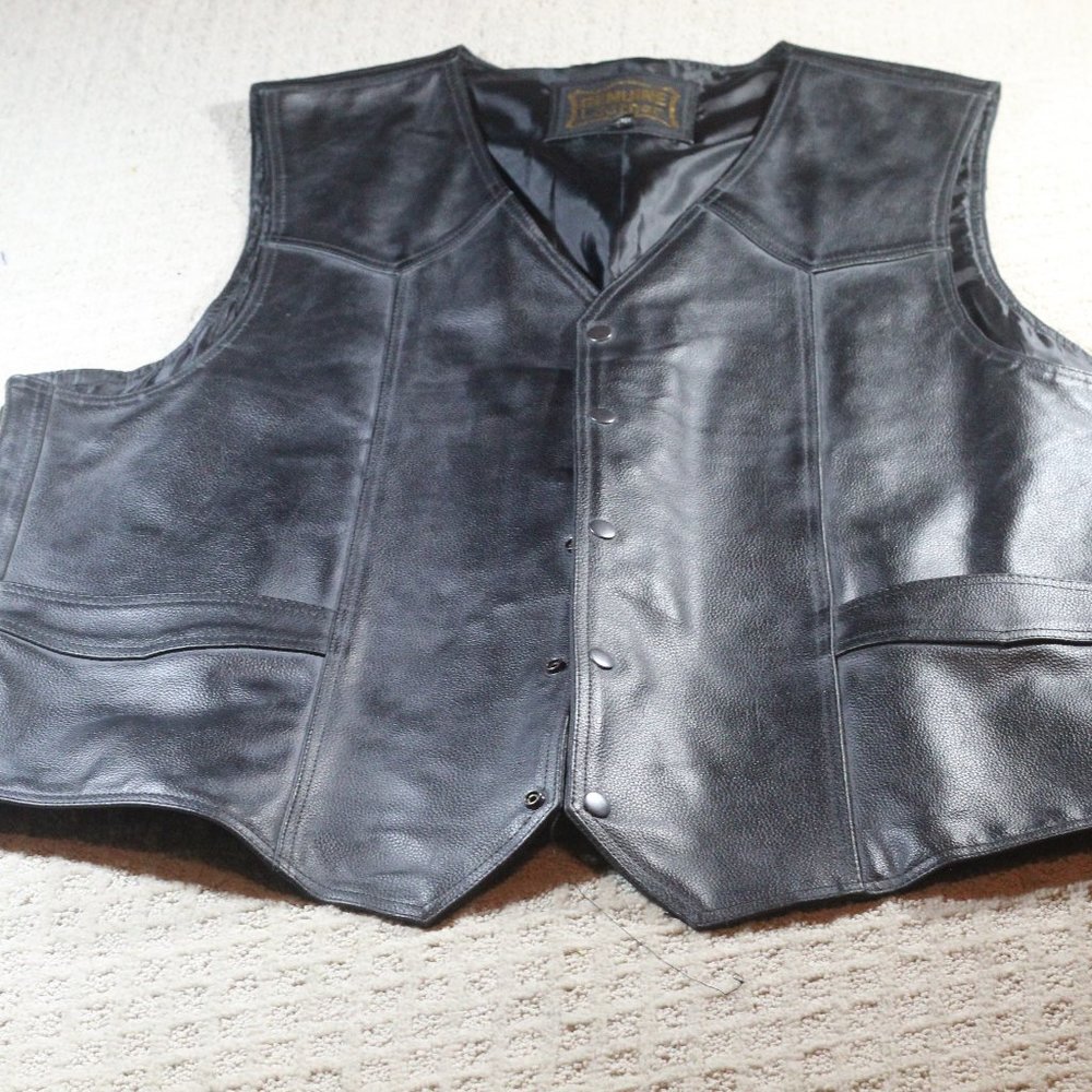 Vintage Genuine Leather Size XXL Heavy Black Moto Vest w Adjustable Sides